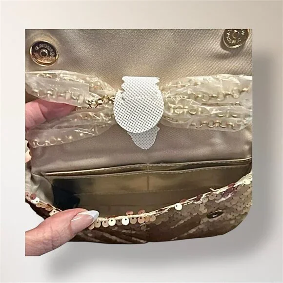 Nicole Miller Gold Sequin‎ Crossbody Bag Convertible Clutch Chain Holiday Party - Picture 9 of 12